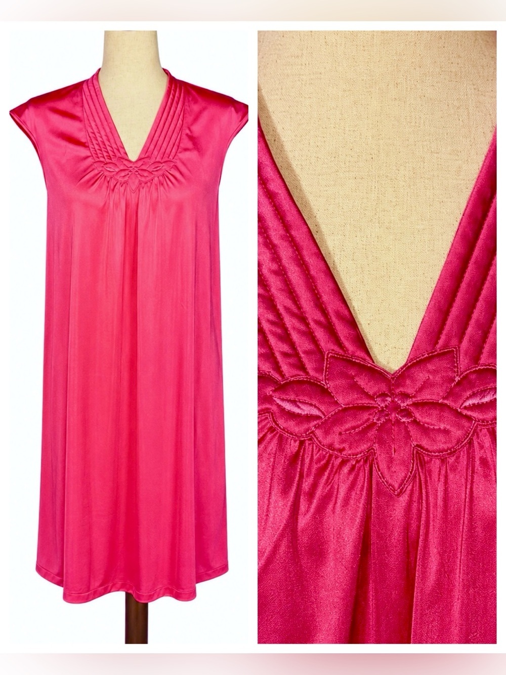 Vintage pink nightgown / dress / sleepwear floral stitching, polyester- S